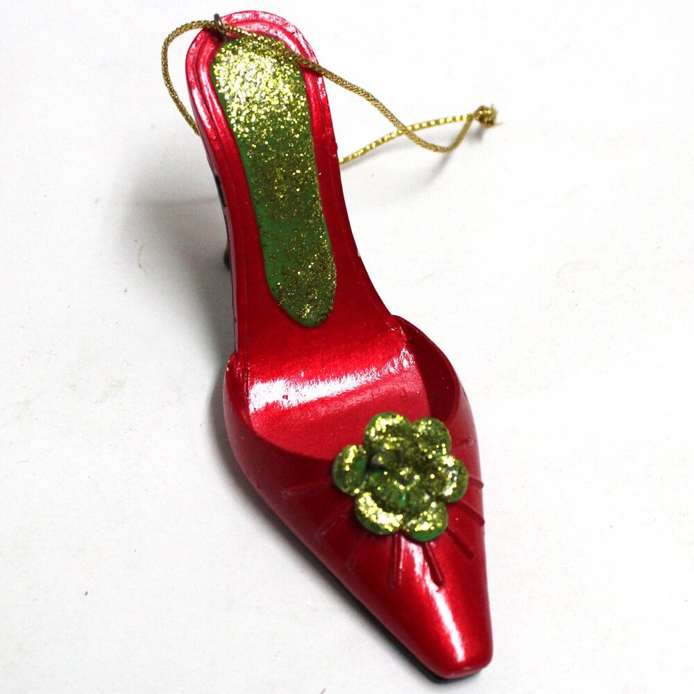 Red & Green Glittery 2" High Heel Pointed Toe Christmas Ornament With Bow